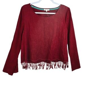 Skylar + Jade Womens XL Red Henna Embroidered Tassel Fringe Long Sleeve Top NEW